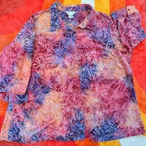 CJ Banks Tie-Dye Patterned Top Blouse, Women's 2X Button Down 3/4 Sleeves